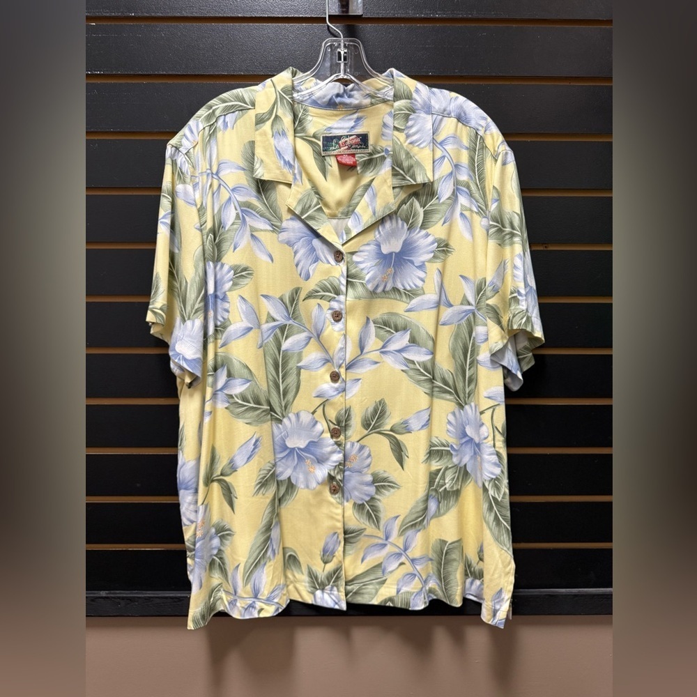 La Cabana Hawaiian Floral Button Up Shirt Rayon Yellow Blue